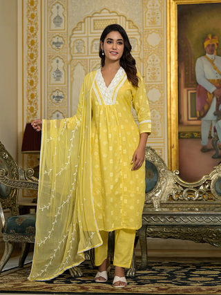 Yellow Cotton Thread Embroidered & Printed A Line Suit Set with Cotton Blend Dupatta