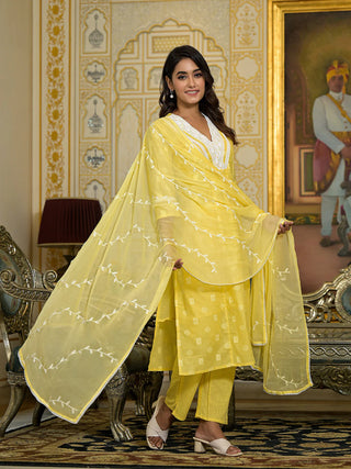 Yellow Cotton Thread Embroidered & Printed A Line Suit Set with Cotton Blend Dupatta