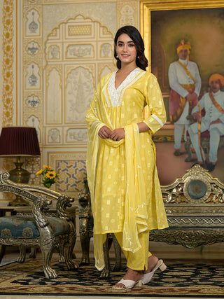 Yellow Cotton Thread Embroidered & Printed A Line Suit Set with Cotton Blend Dupatta