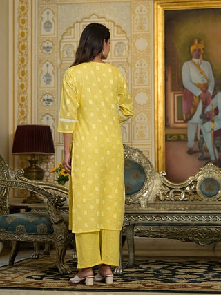 Yellow Cotton Thread Embroidered & Printed A Line Suit Set with Cotton Blend Dupatta