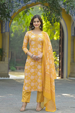 Yellow Rayon Blend Floral Print Straight Shape Suit Set with Dupatta