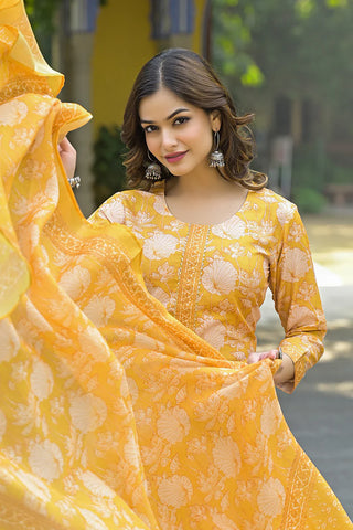 Yellow Rayon Blend Floral Print Straight Shape Suit Set with Dupatta