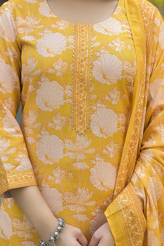 Yellow Rayon Blend Floral Print Straight Shape Suit Set with Dupatta