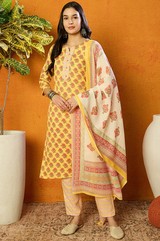 Yellow Rayon Blend Floral Print Suit Set with Dupatta