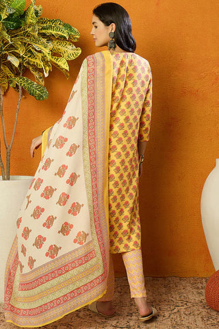 Yellow Rayon Blend Floral Print Suit Set with Dupatta