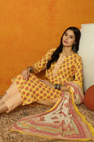 Yellow Rayon Blend Floral Print Suit Set with Dupatta