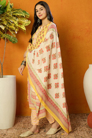 Yellow Rayon Blend Floral Print Suit Set with Dupatta