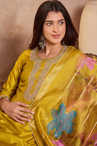 Yellow Silk Blend Straight Shape Floral Print Suit Set with Dupatta