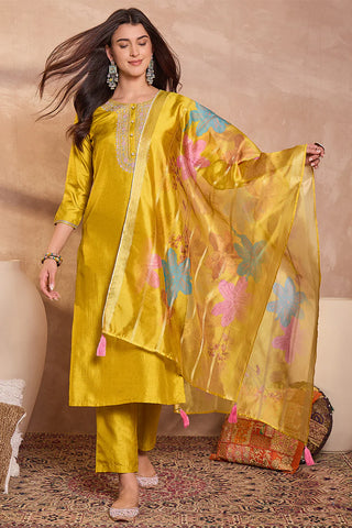 Yellow Silk Blend Straight Shape Floral Print Suit Set with Dupatta