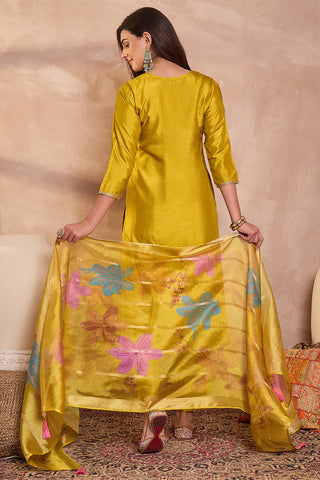 Yellow Silk Blend Straight Shape Floral Print Suit Set with Dupatta