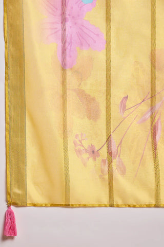 Yellow Silk Blend Straight Shape Floral Print Suit Set with Dupatta