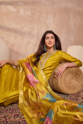 Yellow Silk Blend Straight Shape Floral Print Suit Set with Dupatta