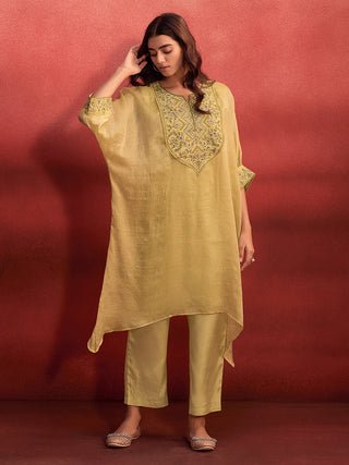 Yellow Organza Embroidered Fatan with Viscose Bottom