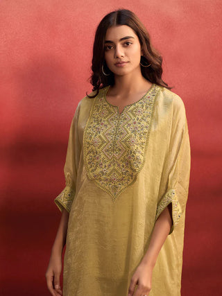 Yellow Organza Embroidered Fatan with Viscose Bottom