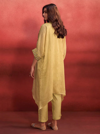 Yellow Organza Embroidered Fatan with Viscose Bottom