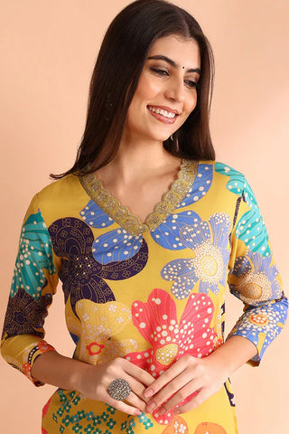 Yellow Cotton Blend Floral Print Straight Shape Suit Set with Dupatta