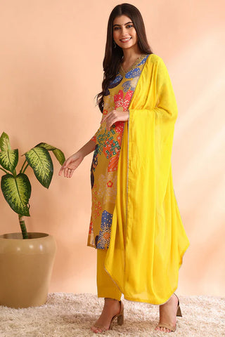 Yellow Cotton Blend Floral Print Straight Shape Suit Set with Dupatta