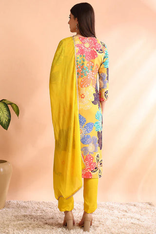 Yellow Cotton Blend Floral Print Straight Shape Suit Set with Dupatta