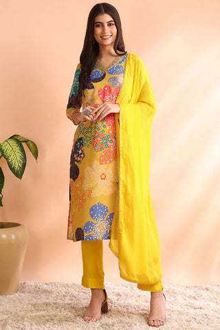 Yellow Cotton Blend Floral Print Straight Shape Suit Set with Dupatta