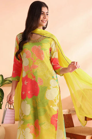 Yellow Rayon Blend Floral Print Straight Shape Suit Set with Dupatta