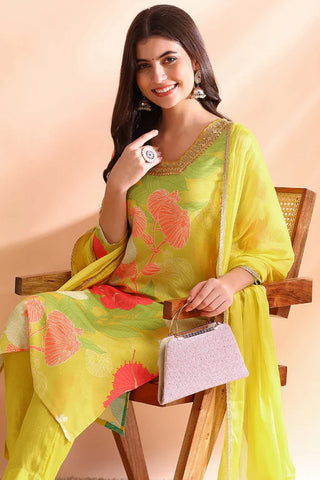 Yellow Rayon Blend Floral Print Straight Shape Suit Set with Dupatta