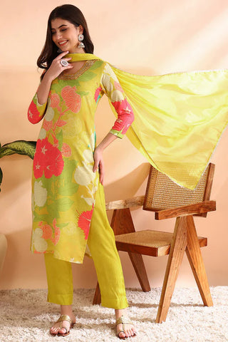 Yellow Rayon Blend Floral Print Straight Shape Suit Set with Dupatta