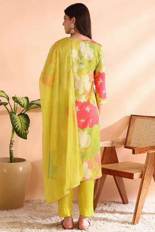 Yellow Rayon Blend Floral Print Straight Shape Suit Set with Dupatta