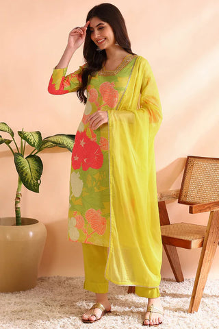 Yellow Rayon Blend Floral Print Straight Shape Suit Set with Dupatta