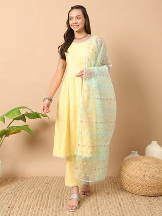 Yellow Lurex Cotton Suit Set with Embroidered Organza Dupatta