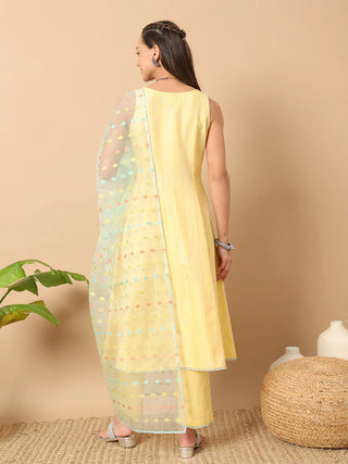 Yellow Lurex Cotton Suit Set with Embroidered Organza Dupatta