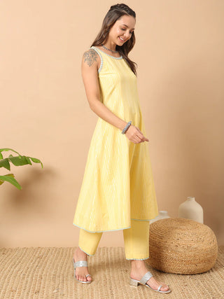 Yellow Lurex Cotton Suit Set with Embroidered Organza Dupatta