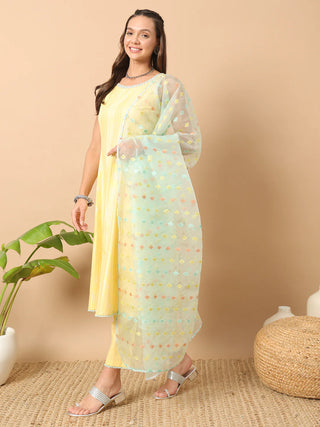 Yellow Lurex Cotton Suit Set with Embroidered Organza Dupatta