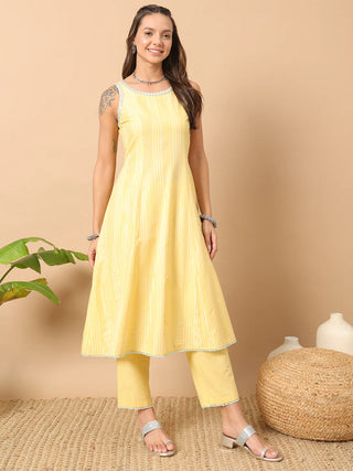 Yellow Lurex Cotton Suit Set with Embroidered Organza Dupatta