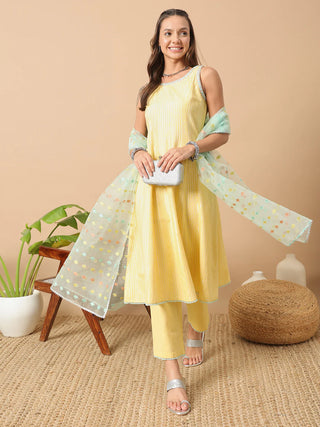 Yellow Lurex Cotton Suit Set with Embroidered Organza Dupatta