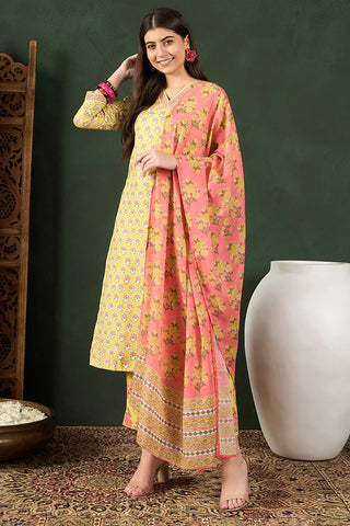 Yellow Rayon Blend Floral Print Straight Shape Suit Set with Pink Printed Dupatta