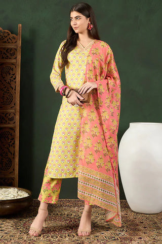 Yellow Rayon Blend Floral Print Straight Shape Suit Set with Pink Printed Dupatta