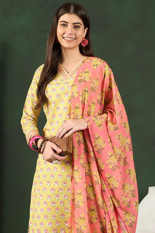 Yellow Rayon Blend Floral Print Straight Shape Suit Set with Pink Printed Dupatta