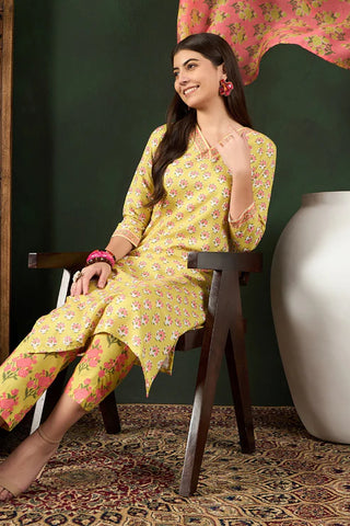 Yellow Rayon Blend Floral Print Straight Shape Suit Set with Pink Printed Dupatta