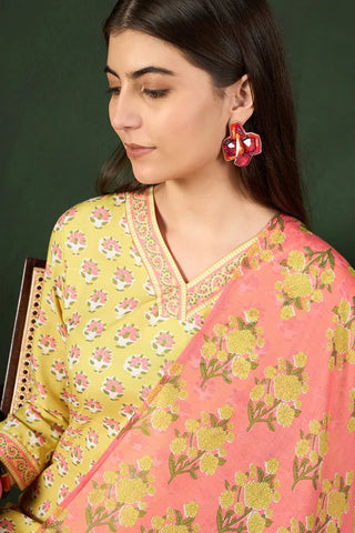 Yellow Rayon Blend Floral Print Straight Shape Suit Set with Pink Printed Dupatta