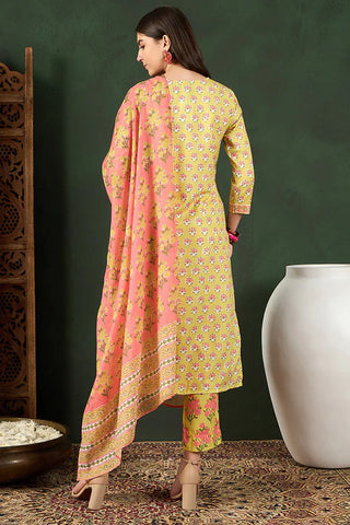 Yellow Rayon Blend Floral Print Straight Shape Suit Set with Pink Printed Dupatta