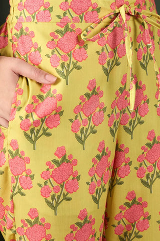 Yellow Rayon Blend Floral Print Straight Shape Suit Set`with Pink Printed Dupatta