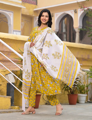 Yellow Viscose Floral Print Suit Set with Chanderi Cotton Dupatta