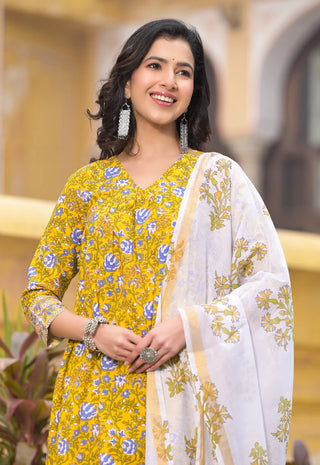 Yellow Viscose Floral Print Suit Set with Chanderi Cotton Dupatta