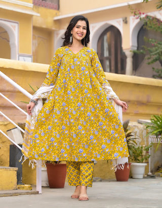 Yellow Viscose Floral Print Suit Set with Chanderi Cotton Dupatta