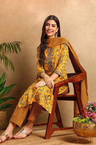 Yellow Rayon Blend Floral Print Straight Shape Kurta with Cotton Blend Trouser & Dupatta