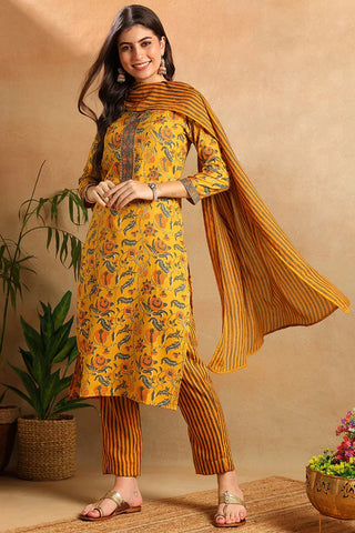 Yellow Rayon Blend Floral Print Straight Shape Kurta with Cotton Blend Trouser & Dupatta