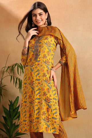 Yellow Rayon Blend Floral Print Straight Shape Kurta with Cotton Blend Trouser & Dupatta