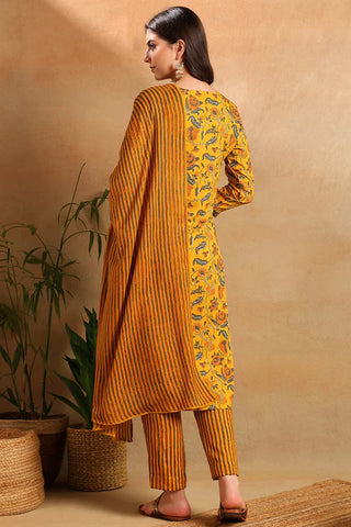 Yellow Rayon Blend Floral Print Straight Shape Kurta with Cotton Blend Trouser & Dupatta