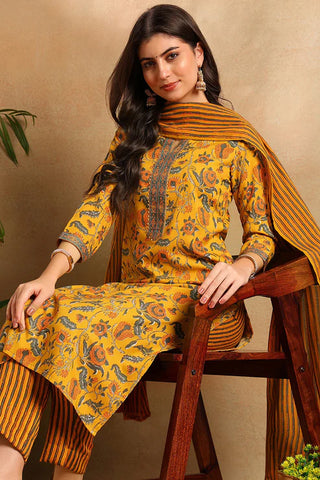 Yellow Rayon Blend Floral Print Straight Shape Kurta with Cotton Blend Trouser & Dupatta