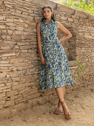Cotton Green Abstract Print Midi Dress